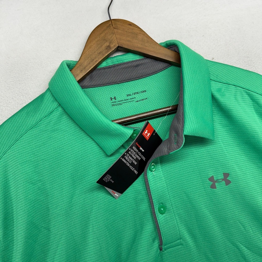 Under Armour Polo Mens 2XL Green HeatGear Golf Performance Stretch Logo NEW